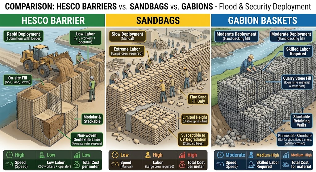 Hesco Barriers vs. Sandbags vs. Gabions